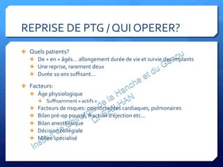 REPRISE	
  DE	
  PTG	
  /	
  QUI	
  OPERER?	
  
Ê  Quels	
  patients?	
  
Ê  De	
  +	
  en	
  +	
  âgés…	
  allongement	
  durée	
  de	
  vie	
  et	
  survie	
  des	
  implants	
  
Ê  Une	
  reprise,	
  rarement	
  deux	
  
Ê  Durée	
  10	
  ans	
  suﬃsant…	
  
Ê  Facteurs:	
  
Ê  Âge	
  physiologique	
  
Ê  Suﬃsamment	
  «	
  actifs	
  »	
  
Ê  Facteurs	
  de	
  risques:	
  co-­‐morbidités	
  cardiaques,	
  pulmonaires	
  
Ê  Bilan	
  pré-­‐op	
  poussé,	
  fraction	
  d’éjection	
  etc…	
  
Ê  Bilan	
  anesthésique	
  
Ê  Décision	
  collégiale	
  
Ê  Milieu	
  spécialisé	
  
 