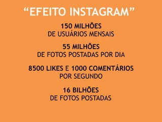 “EFEITO INSTAGRAM” 
150 MILHÕES 
DE USUÁRIOS MENSAIS 
55 MILHÕES 
DE FOTOS POSTADAS POR DIA 
8500 LIKES E 1000 COMENTÁRIOS 
POR SEGUNDO 
16 BILHÕES 
DE FOTOS POSTADAS 
 