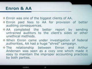 Enron & AA

 Enron was one of the biggest clients of AA.
 Enron paid fees to AA for provision of better
  auditing conse...