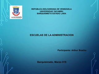 ESCUELAS DE LA ADMINISTRACION
REPUBLICA BOLIVARIANA DE VENEZUELA
UNIVERSIDAD YACAMBU
BARQUISIMETO ESTADO LARA
Participante: Arthur Bracho
Barquisimeto, Marzo 019
 