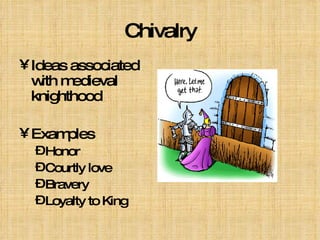 Chivalry Ideas associated with medieval knighthood Examples Honor Courtly love Bravery Loyalty to King 