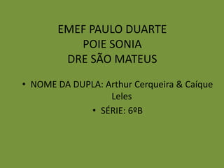 EMEF PAULO DUARTE
POIE SONIA
DRE SÃO MATEUS
• NOME DA DUPLA: Arthur Cerqueira & Caíque
Leles
• SÉRIE: 6ºB

 