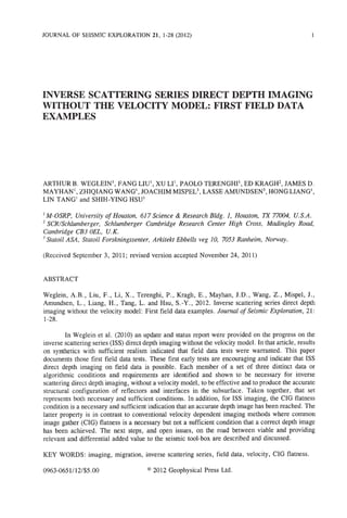Arthur weglein research paper - Inverse scattering series Direct Depth Ima