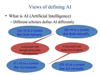 Views of defining AI
• What is AI (Artificial Intelligence)
– Different scholars define AI differently
(A) AI as a system
that think humanly
(C) AI as a system
that Act humanly
(B) AI as a system
that think rationally
(D) AI as a system
that Act rationally
Concerned with
thought processing
and reasoning
Concerned with
behaviors of agents
16
 