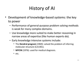 History of AI
• Development of knowledge-based systems: the key
to power
– Performance of general-purpose problem solving methods
is weak for many complex domains.
– Use knowledge more suited to make better reasoning in
narrow areas of expertise (like human experts do).
– Early knowledge intensive systems include:
• The Dendral program (1969): solved the problem of inferring
molecular structure (C6H13NO2).
• MYCIN (1976): used for medical diagnosis.
• etc.
24
 