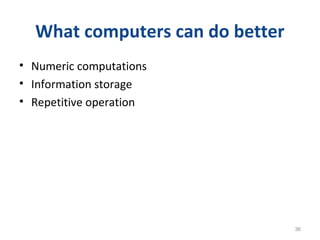 What computers can do better
• Numeric computations
• Information storage
• Repetitive operation
36
 