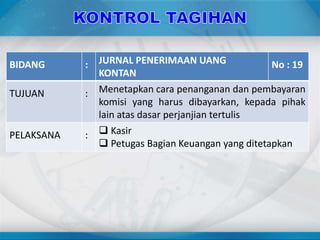 BIDANG : JURNAL PENERIMAAN UANG
KONTAN
No : 19
TUJUAN : Menetapkan cara penanganan dan pembayaran
komisi yang harus dibayarkan, kepada pihak
lain atas dasar perjanjian tertulis
PELAKSANA :  Kasir
 Petugas Bagian Keuangan yang ditetapkan
 