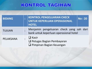 BIDANG : KONTROL PENGELUARAN CHECK
UNTUK KEPERLUAN OPERASIONAL
HOTEL
No : 20
TUJUAN : Menjamin pengeluaran check yang sah dari
bank untuk keperluan operasional hotel
PELAKSANA :  Kasir
 Petugas Bagian Pembayaran
 Pimpinan Bagian Keuangan
 