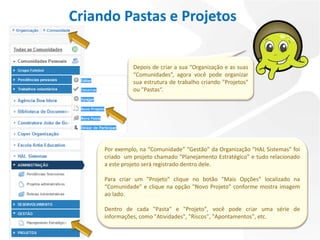 Criando Pastas e Projetos


               Depois de criar a sua “Organização e as suas
               “Comunidades”, agora você pode organizar
               sua estrutura de trabalho criando "Projetos"
               ou "Pastas“.




     Por exemplo, na “Comunidade” “Gestão” da Organização “HAL Sistemas” foi
     criado um projeto chamado “Planejamento Estratégico” e tudo relacionado
     a este projeto será registrado dentro dele.

     Para criar um "Projeto" clique no botão "Mais Opções" localizado na
     “Comunidade" e clique na opção "Novo Projeto" conforme mostra imagem
     ao lado.

     Dentro de cada "Pasta" e "Projeto", você pode criar uma série de
     informações, como "Atividades", "Riscos", "Apontamentos", etc.
 