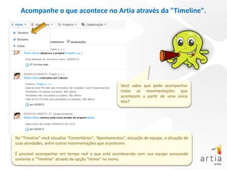 Acompanhe o que acontece no Artia através da "Timeline".




                                                        Você sabia que pode acompanhar
                                                        todas as movimentações que
                                                        acontecem a partir de uma única
                                                        tela?




Na "Timeline" você visualiza “Comentários”, “Apontamentos”, alocação de equipe, a situação de
suas atividades, entre outras movimentações que acontecem.

É possível acompanhar em tempo real o que está acontecendo com sua equipe acessando
somente a “Timeline” através da opção “Home” no menu.
 