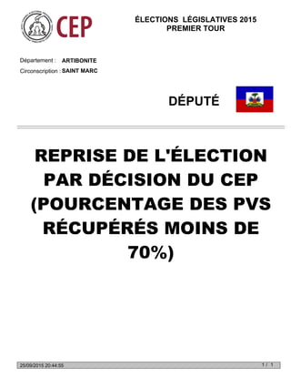 ARTIBONITEDépartement :
Circonscription : SAINT MARC
DÉPUTÉ
REPRISE DE L'ÉLECTION
PAR DÉCISION DU CEP
(POURCENTAGE DES PVS
RÉCUPÉRÉS MOINS DE
70%)
ÉLECTIONS LÉGISLATIVES 2015
PREMIER TOUR
1 1/25/09/2015 20:44:55
 