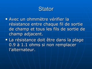 Stator Avec un ohmmètre vérifier la résistance entre chaque fil de sortie de champ et tous les fils de sortie de champ adjacent. La résistance doit être dans la plage 0.9 à 1.1 ohms si non remplacer l’alternateur. 