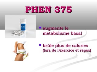 PHEN 375
     augmente le
      métabolisme basal

     brûle plus de calories
      (lors de l’exercice et repos)
 