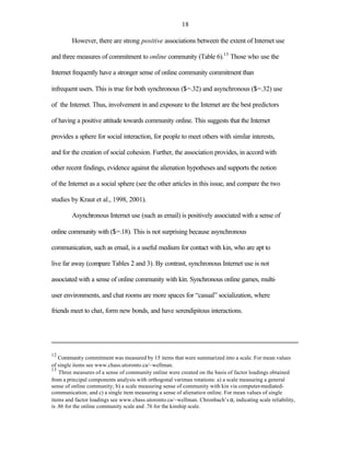 18

        However, there are strong positive associations between the extent of Internet use

and three measures of commitment to online community (Table 6).13 Those who use the

Internet frequently have a stronger sense of online community commitment than

infrequent users. This is true for both synchronous ($=.32) and asynchronous ($=.32) use

of the Internet. Thus, involvement in and exposure to the Internet are the best predictors

of having a positive attitude towards community online. This suggests that the Internet

provides a sphere for social interaction, for people to meet others with similar interests,

and for the creation of social cohesion. Further, the association provides, in accord with

other recent findings, evidence against the alienation hypotheses and supports the notion

of the Internet as a social sphere (see the other articles in this issue, and compare the two

studies by Kraut et al., 1998, 2001).

        Asynchronous Internet use (such as email) is positively associated with a sense of

online community with ($=.18). This is not surprising because asynchronous

communication, such as email, is a useful medium for contact with kin, who are apt to

live far away (compare Tables 2 and 3). By contrast, synchronous Internet use is not

associated with a sense of online community with kin. Synchronous online games, multi-

user environments, and chat rooms are more spaces for “casual” socialization, where

friends meet to chat, form new bonds, and have serendipitous interactions.




12
    Community commitment was measured by 15 items that were summarized into a scale. For mean values
of single items see www.chass.utoronto.ca/~wellman.
13
    Three measures of a sense of community online were created on the basis of factor loadings obtained
from a principal components analysis with orthogonal varimax rotations: a) a scale measuring a general
sense of online community; b) a scale measuring sense of community with kin via computer-mediated-
communication; and c) a single item measuring a sense of alienation online. For mean values of single
items and factor loadings see www.chass.utoronto.ca/~wellman. Chronbach’s α, indicating scale reliability,
is .86 for the online community scale and .76 for the kinship scale.
 