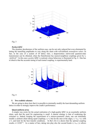 Fig. 3 
Perfect QNC 
The dynamic decoherence of the uniform case, can be not only reduced but even eliminated by 
letting the tunnelling amplitudes to vary along the chain with well-defined nonuniform values. In 
fact, in the case of a system of M lattice sites, a dispersionless end-to-end quantum-state 
transmission can be obtained, when the Hamiltonian has nearest-neighbour couplings given by τj 
∝[j(M-j)]1/2. In this case a perfect QNC is realized, whose behaviour is illustrated in Fig. 4. One has 
to observe that the accurate tuning of each tunnel coupling, is experimentally hard. 
Fig. 4 
5. Two realistic schemes 
We are going to show here that it is possible to minimally modify the least demanding uniform 
lattice in order to strongly improve the cradle’s performance. 
Quasi-uniform array 
A simple way exists for the actual realization of a high-quality QNC in an essentially uniform 
chain, such that the need for engineering is small. A natural strategy is that of weakening the 
extremal τjs. Indeed, keeping the requirement of a mirror-symmetric chain, one can minimally 
modify a uniform chain taking equal couplings, τj=τ, but for the ones at the edges, τ1=τM-1=xτ, with 
x<1, and look for the best transfer conditions. In Ref. [5] it is shown that the optimal coupling 
results x≈1.03M-1/6. As a matter of fact, taking into play also the second bonds τ2=τM-2=yτ allows 
 