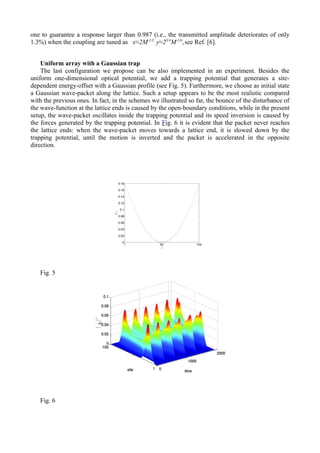 one to guarantee a response larger than 0.987 (i.e., the transmitted amplitude deteriorates of only 
1.3%) when the coupling are tuned as x≈2M-1/3 y≈23/4M-1/6, see Ref. [6]. 
Uniform array with a Gaussian trap 
The last configuration we propose can be also implemented in an experiment. Besides the 
uniform one-dimensional optical potential, we add a trapping potential that generates a site-dependent 
energy-offset with a Gaussian profile (see Fig. 5). Furthermore, we choose as initial state 
a Gaussian wave-packet along the lattice. Such a setup appears to be the most realistic compared 
with the previous ones. In fact, in the schemes we illustrated so far, the bounce of the disturbance of 
the wave-function at the lattice ends is caused by the open-boundary conditions, while in the present 
setup, the wave-packet oscillates inside the trapping potential and its speed inversion is caused by 
the forces generated by the trapping potential. In Fig. 6 it is evident that the packet never reaches 
the lattice ends: when the wave-packet moves towards a lattice end, it is slowed down by the 
trapping potential, until the motion is inverted and the packet is accelerated in the opposite 
direction. 
Fig. 5 
Fig. 6 
 