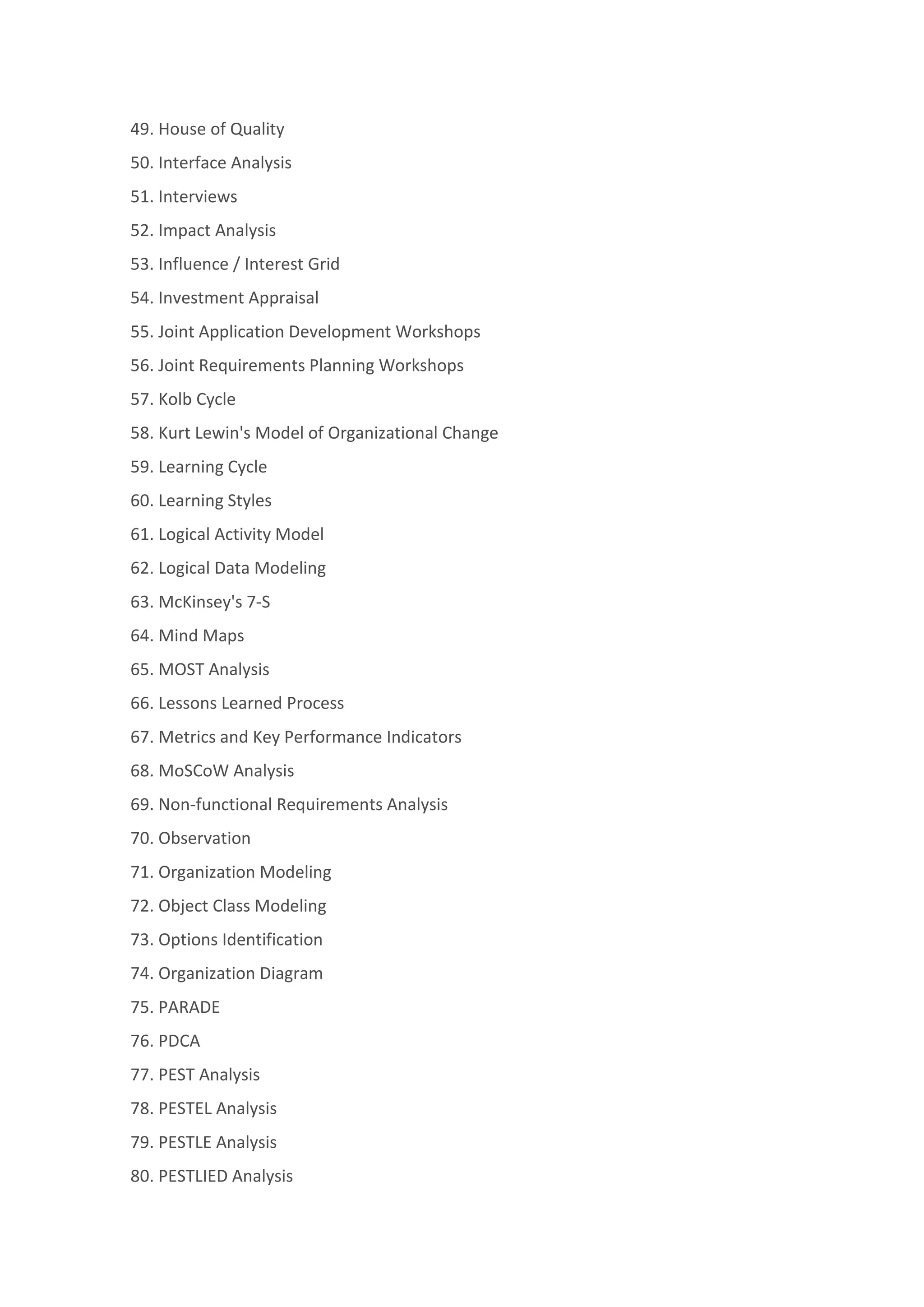 49. House of Quality
50. Interface Analysis
51. Interviews
52. Impact Analysis
53. Influence / Interest Grid
54. Investment Appraisal
55. Joint Application Development Workshops
56. Joint Requirements Planning Workshops
57. Kolb Cycle
58. Kurt Lewin's Model of Organizational Change
59. Learning Cycle
60. Learning Styles
61. Logical Activity Model
62. Logical Data Modeling
63. McKinsey's 7-S
64. Mind Maps
65. MOST Analysis
66. Lessons Learned Process
67. Metrics and Key Performance Indicators
68. MoSCoW Analysis
69. Non-functional Requirements Analysis
70. Observation
71. Organization Modeling
72. Object Class Modeling
73. Options Identification
74. Organization Diagram
75. PARADE
76. PDCA
77. PEST Analysis
78. PESTEL Analysis
79. PESTLE Analysis
80. PESTLIED Analysis
 
