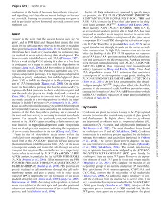 Page 2 of 9 | Pacifici et al.
mechanism at the basis of hormone biosynthesis, transport,
and signalling, and then discuss recent findings on hormo-
nal cross-talk, focusing our attention on primary root growth
and in particular on how hormonal cross-talk controls root
meristem size.
Auxin
‘Auxein’ is the word that the ancient Greeks used for ‘to
grow’, and in 1931 Kögl and Haagen-Smit coined the term
auxin for the substance they observed to be able to modulate
plant growth (Kögl and Haagen-Smit, 1931). Since then many
efforts have been made to try to elucidate the molecular play-
ers involved in auxin activity during plant development. The
bioactive auxin is indole-3-acetic acid (IAA) (Thimann, 1977).
IAA is a weak acid (pK=5.4) existing in a plant as a free form
or conjugated to a sugar or amino acid for degradation or
storage (Ljung et al., 2002). IAA biosynthesis is divided into
two different pathways: the trytophan-dependent and tryp-
tophan-independent pathways. The tryptophan-independent
pathway is poorly understood, but indole-3-glycerol phos-
phate (IGP) or indole are thought to be the primary precur-
sors of IAA biosynthesis (Zhang et al., 2008). On the other
hand, the biosynthetic pathway that has the amino acid tryp-
tophan as the IAA precursor has been widely investigated and
now the molecular players are clearly elucidated (reviewed in
Zhao, 2014). Tryptophan is converted into IAA through an
enzymatic cascade in a two-step pathway in which the inter-
mediate is indole-3-pyruvate (IPA) (Stepanova et al., 2008).
Local auxin biosynthesis is necessary to control different plant
developmental processes. Genes encoding the molecular com-
ponents of the IAA biosynthetic pathway are expressed in
the root and their activity is necessary to control root devel-
opment. For example, the quadruple yuc1yuc4yuc10yuc11
mutant in the YUCCA genes encoding a flavin monooxyge-
nase involved in tryptophan-dependent auxin biosynthesis
does not develop a root meristem, indicating the importance
of correct auxin biosynthesis in the root (Cheng et al., 2006).
From its site of biosynthesis auxin moves within the
Arabidopsis root through two types of transport. The proto-
nated form of the IAA (IAAH) passively diffuses across the
plasma membrane, while the anionic form (IAA–
) of the auxin
is transported outside and inside the cells through an active
transport that requires efflux and influx carriers, respectively.
Auxin influx is mediated by AUX1/LAX (AUXIN 1/LIKE
AUX1) carriers, in particular by the AUXIN PERMEASE1
(AUX1) (Swarup et al., 2001). Efflux transporters are PIN
FORMED (PIN) and ATP-BINDING CASSETTE GROUP
B (ABCB/MDRPGP) (Balzan et al., 2014). PIN proteins are
polarly localized in cell membranes through the cell endo-
membrane system and play a crucial role in polar auxin
transport (PAT) responsible for the formation of an auxin
gradient along the root (Blilou et al., 2005; Ljung et al., 2005;
Grieneisen et al., 2007). According to this gradient, a peak of
auxin is established at the root apex and provides positional
information essential for maintenance of correct cell division,
polarity, and fate (Sabatini et al., 1999).
In the cell, IAA molecules are perceived by specific recep-
tor proteins, the TIR1/AFB (TRANSPORT INHIBITOR
RESISTANT1/AUXIN SIGNALING F-BOX). TIR1 and
AFB1–AFB5 contain the F-box that takes part in the ubiq-
uitin ligase complex SCFTIR1
(Kepinski and Leyser, 2005).
More recently, ABP1 (AUXIN BINDING PROTEIN 1),
an extracellular localized protein able to bind IAA, has been
proposed as another auxin receptor involved in auxin inhi-
bition of clathrin-mediated endocytosis of the polar auxin
transporters PIN1 and PIN2 through the activation of a spe-
cific ROP-GTPase (Rho of plants) (Chen et al., 2012). Auxin
signal transduction strongly depends on the auxin intracel-
lular concentration. A high IAA concentration acts to sta-
bilize the binding of the TIR1/AFB receptors to repressor
auxin/IAA (Aux/IAA) proteins causing Aux/IAA ubiquitina-
tion and degradation via the proteasome. Aux/IAA proteins
work through heterodimerizing with AUXIN RESPONSE
FACTORs (ARFs), thus repressing their transcriptional
activity (reviewed in Wang and Estelle, 2014). Thus, Aux/
IAA degradation causes ARF activation that modulates
transcription of auxin-responsive target genes, binding the
AUXIN RESPONSIVE ELEMENT (ARE: 5′-TGTCTC-3′)
(Boer et al., 2014). At low IAA concentration, the ubiqui-
tin ligase complex SCFTIR1
displays less affinity for Aux/IAA
proteins, so the amount of stable Aux/IAA protein increases,
causing the formation of Aux/IAA–ARF heterodimers which
inhibit ARF-mediated regulation of target gene transcription
(reviewed in Peer, 2013).
Cytokinin
Cytokinins are plant hormones, known to be N6
-prenylated
adenine derivatives that control many aspects of plant growth
and development. In higher plants, bioactive cytokinins
are isoprenoid cytokinins such as isopentenyladenine (iP),
trans-zeatin (tZ), cis-zeatin, and dihydrozeatin (reviewed in
Del Bianco et  al., 2013). The most abundant forms found
in Arabidopsis are iP and tZ (Sakakibara, 2006). Cytokinin
homeostasis is a multistep process regulated by the balance
between biosynthesis and catabolism (reviewed in Frébort
et  al., 2011). The correct plant growth depends on spa-
tial and temporal co-ordination of this process (Miyawaky
et  al., 2004; Sakakibara, 2006). The initial, rate-limiting
step in cytokinin biosynthesis is catalysed by the ATP/ADP-
ISOPENTENYLTRANSFERASE (IPT) gene family. In
Arabidopsis, there are seven IPT genes. Moreover, the expres-
sion domain of each IPT gene is tissue and organ specific
(Miyawaky et  al., 2004). IPTs catalyse the transfer of an
isopentenyl group to an adenine nucleotide (iP nucleotide).
Two cytochrome P450 monooxygenases, CYP735A1 and
CYP735A2, convert the iP nucleotides to tZ nucleotides
(Takei et al., 2004). An additional step is necessary to con-
vert the cytokinin from its inactive to its active form. This
step is conducted by enzymes encoded by the LONELY GUY
(LOG) gene family (Kuroha et  al., 2009). Analysis of the
expression pattern domain of AtLOG revealed that, like the
IPT genes, these genes are expressed throughout the plant
atRajivGandhiCentreforBiotechnology(RGCB)onSeptember13,2015http://jxb.oxfordjournals.org/Downloadedfrom
 