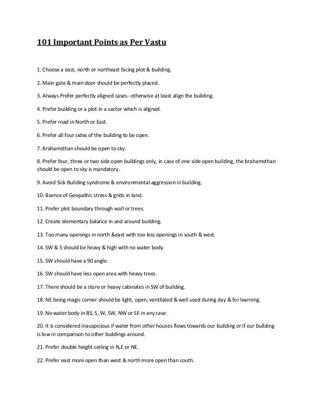 101 Important Points As Per Vastu