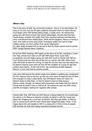 THREE FILMS YOUR STUDENTS MIGHT LIKE
                 (AND A FEW IDEAS TO USE THEM IN CLASS)




About a boy

This is the story of Will, hip unmarried Londoner who is in his late thirties. He
lives on his own, but wis life gets suddenly disrupted when he meets Marcus.
It all began when Will started dating Angie, a single mum. He noticed that
going out with these women had certain advantages, like the fact that they
would always consider him better than their previous partners and that they
were commitment-free relationships. While all this happens, Marcus is having a
hard time both at home and school. Everybody bullies him and to make
matters worse, his mum suffers from severe depression.
So, after Angie dumped him he set out to look for these women and he joined
SPAT (Single Parents Alone Totether).

At his first SPAT meeting, Will makes up the story of his life, including a 2-year-
old: Ned, whose mum had run off with Will’s best friend. Suzie feels
sympathetic and she begins going out with Will. Suzie is friends with Marcus’
mum (Fiona) and one they she invites him to a picnic with Will. When Suzie
asks Will what he does for a living, he tells the (so far) only true fact about him:
he doesn’t need to work since he lives off the royalties of a song his dad had
written years before. At the end of the day something terrible happens:
Marcus’ s mum had tried to commit suicide.

Just when Will decices the whole single-mum plotline is getting too complicated
for him, Marcus tries to set him up with his mum since he feels the two of them
isn’t enought to make a solid family. But Will doesn’t share his views: he
doesn’t mean to help them. In fact he doesn’t mean to help anyone.
Marcus insists, though. He follows Will everywhere and finally tells him that he
knows that he doesn’t have a child at all. He pushes his way into Will’s home
and life and begins visiting him regularly after school.


Shortly after that, Will finds out that Marcus is being bullied by his schoolmates.
His advice is for Marcus to become invisible, to blend in with the crowd and
takes him shopping for a cool pair of trainers. But they get stolen, so Marcus
has no choice but to tell his mum what’s been happening lately. Fiona is not
happy about this and speaks to Will in a restaurant in front of lots of people.
Will reminds her that she’s being insensitive towards the kid.




©Ana Maria Nieto Aparicio
 