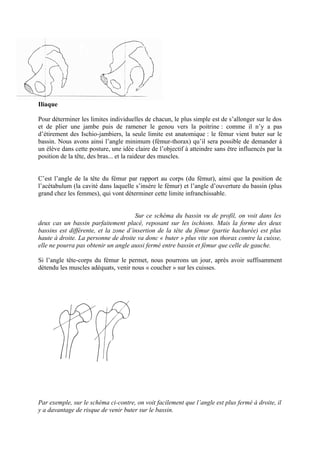 Iliaque
Pour déterminer les limites individuelles de chacun, le plus simple est de s’allonger sur le dos
et de plier une jambe puis de ramener le genou vers la poitrine : comme il n’y a pas
d’étirement des Ischio-jambiers, la seule limite est anatomique : le fémur vient buter sur le
bassin. Nous avons ainsi l’angle minimum (fémur-thorax) qu’il sera possible de demander à
un élève dans cette posture, une idée claire de l’objectif à atteindre sans être influencés par la
position de la tête, des bras... et la raideur des muscles.
C’est l’angle de la tête du fémur par rapport au corps (du fémur), ainsi que la position de
l’acétabulum (la cavité dans laquelle s’insère le fémur) et l’angle d’ouverture du bassin (plus
grand chez les femmes), qui vont déterminer cette limite infranchissable.
Sur ce schéma du bassin vu de profil, on voit dans les
deux cas un bassin parfaitement placé, reposant sur les ischions. Mais la forme des deux
bassins est différente, et la zone d’insertion de la tête du fémur (partie hachurée) est plus
haute à droite. La personne de droite va donc « buter » plus vite son thorax contre la cuisse,
elle ne pourra pas obtenir un angle aussi fermé entre bassin et fémur que celle de gauche.
Si l’angle tête-corps du fémur le permet, nous pourrons un jour, après avoir suffisamment
détendu les muscles adéquats, venir nous « coucher » sur les cuisses.
Par exemple, sur le schéma ci-contre, on voit facilement que l’angle est plus fermé à droite, il
y a davantage de risque de venir buter sur le bassin.
 