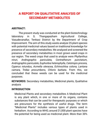 A REPORT ON QUALITATIVE ANALYSIS OF SECONDARY METABOLITES | PDF