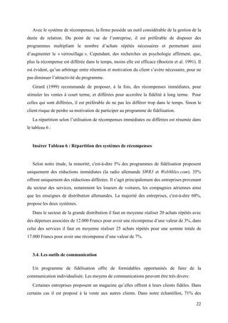 Avec le système de récompenses, la firme possède un outil considérable de la gestion de la
durée de relation. Du point de vue de l’entreprise, il est préférable de disposer des
programmes multipliant le nombre d’achats répétés nécessaires et permettant ainsi
d’augmenter le « verrouillage ». Cependant, des recherches en psychologie affirment, que,
plus la récompense est différée dans le temps, moins elle est efficace (Bootzin et al. 1991). Il
est évident, qu’un arbitrage entre rétention et motivation du client s’avère nécessaire, pour ne
pas diminuer l’attractivité du programme.
   Girard (1999) recommande de proposer, à la fois, des récompenses immédiates, pour
stimuler les ventes à court terme, et différées pour accroître la fidélité à long terme. Pour
celles qui sont différées, il est préférable de ne pas les différer trop dans le temps. Sinon le
client risque de perdre sa motivation de participer au programme de fidélisation.
   La répartition selon l’utilisation de récompenses immédiates ou différées est résumée dans
le tableau 6 :


   Insérer Tableau 6 : Répartition des systèmes de récompenses


   Selon notre étude, la minorité, c'est-à-dire 5% des programmes de fidélisation proposent
uniquement des réductions immédiates (la radio allemande SWR3 et WebMiles.com). 35%
offrent uniquement des réductions différées. Il s’agit principalement des entreprises provenant
du secteur des services, notamment les loueurs de voitures, les compagnies aériennes ainsi
que les enseignes de distribution allemandes. La majorité des entreprises, c'est-à-dire 60%,
propose les deux systèmes.
   Dans le secteur de la grande distribution il faut en moyenne réaliser 20 achats répétés avec
des dépenses associées de 12.000 Francs pour avoir une récompense d’une valeur de 3%, dans
celui des services il faut en moyenne réaliser 25 achats répétés pour une somme totale de
17.000 Francs pour avoir une récompense d’une valeur de 7%.


   3.4. Les outils de communication

   Un programme de fidélisation offre de formidables opportunités de faire de la
communication individualisée. Les moyens de communications peuvent être très divers:
   Certaines entreprises proposent un magazine qu’elles offrent à leurs clients fidèles. Dans
certains cas il est proposé à la vente aux autres clients. Dans notre échantillon, 71% des

                                                                                             22
 
