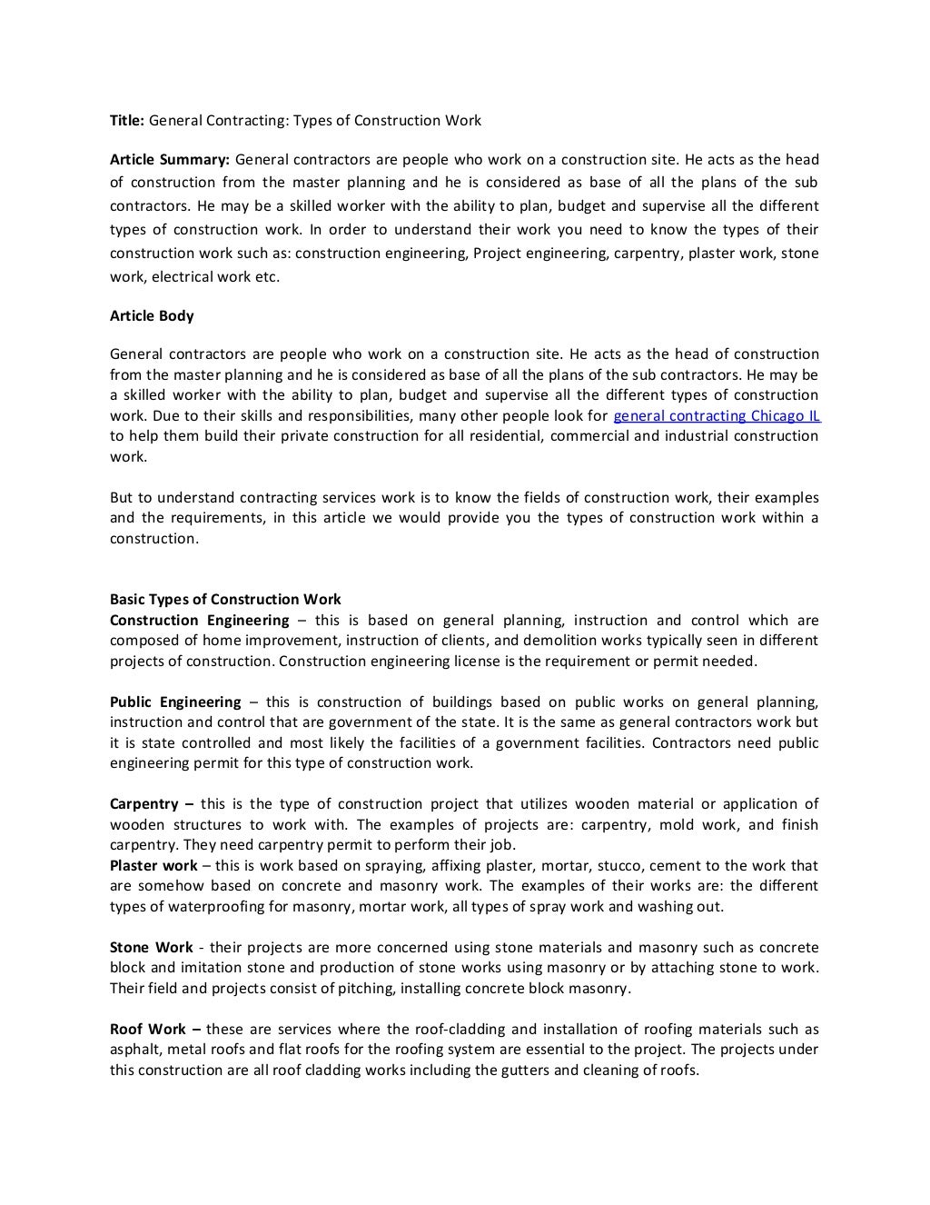 General Contracting Types Of Construction Work