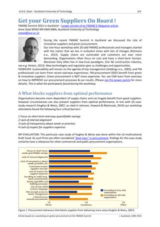 A.A.G. Staal – Auckland University of Technology 1/4
Article based on a workshop on green procurement at the FMANZ Summit | Auckland, JUNE 2015
Get your Green Suppliers On Board ! .
FMANZ Summit 2015 in Auckland – Longer version of an FMANZ E-Magazine article.
Anne Staal BENG MA DMS MBA; Auckland University of Technology
astaal@aut.ac.nz
During the recent FMANZ Summit in Auckland we discussed the role of
innovative suppliers and green procurement.
Our one-hour workshop with 20-odd FMANZ professionals and managers started
with the notion that we live in turbulent times with lots of changes (Rotmans
e.a., 2012). Supply chains are vulnerable and customers are ever more
demanding. Organisations often focus on cost and have a short-term horizon.
Moreover they often live in low-trust paradigms. (For NZ construction industry,
see e.g. Hinton, 2013). New technologies and regulation give us challenges and opportunities.
HOWEVER: Sustainability will remain on the agenda of top management (Giddings e.a., 2002), and FM
professionals can learn from recent overseas experiences. FM procurement DOES benefit from green
& innovative suppliers. Green procurement is NOT more expensive. Yes: we CAN learn from overseas
on how to IMPROVE our procurement processes & our results. (Please see the power-points for more
details). This is what the participants found during the workshop.
A What blocks suppliers from optimal performance
Organisations become more dependent of supply chains and can hugely benefit from good suppliers.
However circumstances can also prevent suppliers from optimal performance. In line with US case-
study research (Hughes & Weiss, 2007, as cited in Johnsen, Howard & Miemczyk, 2014) our workshop
attendants found the following four critical barriers:
1 Focus on short-term and easy quantifiable savings
2 Lack of internal alignment
3 Lack of transparency about needs or priorities
4 Lack of respect for suppliers expertise.
MY EVALUATION: This particular case study of Hughes & Weiss was done within the US multinational
Kraft Food. As such firms are often considered “best class” in procurement, findings for this case study
certainly have a relevance for other commercial and public procurement organisations.
Figure 1: Procurement behaviour that blocks suppliers from delivering more value (Hughes & Weiss, 2007)
 