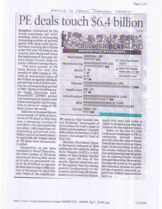 Times of India - Jun 16, 2008 - Bullish Beat - PE deals touch $6.4 Billion