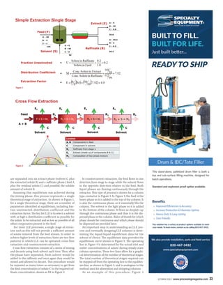 OCTOBER 2020 | www.processingmagazine.com 33
are separated into an extract phase (solvent C plus
the extracted solute B) and a rainate phase (feed A
plus the residual solute C) and possible the soluble
amount of solvent B.
Assuming that equilibrium was achieved during
the mixing phase, this process represents a single
theoretical stage of extraction. As shown in Figure 1,
for a single theoretical stage, there are a number of
parameters identiied at equilibrium, including frac-
tion unextracted, distribution coefficient and the
extraction factor. he key for LLE is to select a solvent
with as high a distribution coeicient as possible for
the solute to be extracted and as low as possible of all
other components present in the feed.
For most LLE processes, a single stage of extrac-
tion such as this will not provide a suicient amount
of solute removal from the feed stream. In order to
achieve higher levels of extraction, there are two low
patterns in which LLE can be operated: cross flow
extraction and countercurrent extraction.
Cross low extraction consists of a series of mixing
and decants using fresh solvent each time. hus, after
the phase have separated, fresh solvent would be
added to the rainate and once again they would be
mixed and allowed to decant. his procedure would
be repeated as many times as necessary to get from
the feed concentration of solute C to the required raf-
inate concentration, shown as R4 in Figure 2.
In countercurrent extraction, the feed lows in one
direction from stage to stage while the solvent lows
in the opposite direction relative to the feed. Both
liquid phases are lowing continuously through the
extractor. his type of process is shown for a column
type contactor in Figure 3. In Figure 3, the feed is the
heavy phase so it is added to the top of the column. It
is also the continuous phase, so it essentially ills the
column. he solvent is the light phase so it is added
to the bottom of the column. It lows as droplets up
through the continuous phase and thus it is the dis-
persed phase in the column. Rules of thumb for which
phase should be continuous and which phase should
be dispersed are provided later.
An important step in understanding an LLE pro-
cess and eventually designing LLE columns is deter-
mining the liquid-liquid equilibrium data for the
solvent of choice. he equilibrium data provides the
equilibrium curve shown in Figure 4. he operating
line in Figure 4 is determined by the actual inlet and
outlet concentrations of solute during steady state
column operation. hese two lines allow for a graphi-
cal determination of the number of theoretical stages.
he total number of theoretical stages required can
be stepped of from the operating line to the equilibri-
um line, as shown in Figure 4, and is analogous to the
method used for absorption and stripping columns.
As an example of this procedure, Figure 5
Figure 1
Figure 2
 