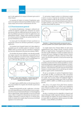 Ce document est la propriété exclusive de Philippe LE BOULANGER (lepton.phlb@gmail.com) - 11 octobre 2013 à 12:23

que le code applicatif et le noyau ne forment qu un seul et
même binaire.
La mutation de Lepton en système d exploitation open
source s est opérée en donnant la possibilité d utiliser comme
noyau temps réel la version communautaire de eCos.

Ce mécanisme d appel système est relativement simple
à mettre en œuvre. Il permet de sérialiser les demandes
au noyau et limite la taille de pile nécessaire pour chaque
thread. Néanmoins, seul un thread utilisateur peut eﬀectuer
un appel système ce qui, dans certains cas, conduit à une
exécution moins ﬂuide du système.

1.2.2 Fonctionnement général
Les systèmes d exploitation « classiques » utilisent le mécanisme de mémoire virtuelle pour cloisonner les actions
que peuvent eﬀectuer diﬀérentes parties du système. De ce
fait, les problèmes que peuvent causer les applications sont
généralement limités : chaque action touchant au matériel
ou à d autres parties essentielles du système doit faire l objet d une demande au noyau.
Le noyau gère les demandes de façon synchrone ou
asynchrone suivant les interfaces présentées à la partie
applicative.
Les systèmes pour lesquels Lepton est le plus adapté ne
possèdent pas de contrôleur gérant la mémoire virtuelle
(MMU) même si certains types de contrôleurs remplissent
des fonctions élémentaires de protection mémoire (MPU).
En attendant de pouvoir exploiter cette dernière possibilité, Lepton conserve cette séparation conceptuelle entre la
partie dite applicative et la partie noyau. Chaque processus
ou thread souhaitant dialoguer avec les périphériques ou
créer un IPC doit eﬀectuer une requête au noyau.

Le couple Lepton-embOS utilise un thread noyau dont le
but est de satisfaire les requêtes des threads ou processus
applicatifs.
Chaque thread possède une pile « applicative » et les données sont disponibles pour le thread noyau à travers un pointeur de la structure du thread utilisateur. Le thread appelant
émet un signal (étape 1) pour demander un service au thread
noyau. Celui-ci récupère les informations nécessaires pour
remplir la demande et l exécute (étape 2). Le thread noyau
stocke le résultat de la requête dans la structure du thread
appelant et lui rend la main.

Le couple Lepton-eCos (Tauon) déﬁnit une pile noyau
supplémentaire pour chaque thread. Lorsqu un thread
eﬀectue un appel système, il sauvegarde son contexte courant dans sa pile utilisateur et réalise la requête noyau sur
sa propre pile noyau. L épilogue de l appel système restaure
le contexte sauvegardé et déroute à nouveau le ﬂux d exécution, cette fois pour reprendre à l instruction suivant l appel système.
Cette manière de réaliser des appels système permettrait
un meilleur entrelacement des chemins possibles et, à terme,
l exécution de plusieurs appels système simultanés. La contrepartie est évidemment une augmentation de la consommation
mémoire : il faut désormais une pile noyau par thread. Pour
l instant, la version Lepton-eCos ne permet pas de réaliser
plusieurs appels système simultanément.
De par sa conception, le système d exploitation Lepton
est portable. En eﬀet, si l architecture cible a été portée
sur le noyau temps réel intégré à Lepton, le portage peut
être rapide. Avec le noyau temps réel embOS de Segger et
un pilote de périphérique basique pour UART, les portages
M16 vers ARM7 et ARM7 vers ARM9 ont pris moins d une
journée.
Avec eCos, si le paquet d une plate-forme similaire
existe déjà, le portage peut se réaliser assez simplement
aussi. Il faudra toutefois compter un peu plus de temps si
l architecture ou le processeur ne sont pas supportés par
eCos.
De plus, ce système peut être adaptable à n importe quel
noyau embarqué à faible empreinte mémoire. On peut tout
à fait envisager de remplacer les noyaux embOS et eCos par
un noyau dont les mécanismes internes peuvent être plus
familiers, comme RTEMS ou FreeRTOS.

 