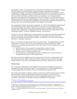 Association of Italy), was organized as 6 Case Stories with CEOs and 10 modules ranging
from MIT; Boston Innovation District; Harvard University; Kendall Square; Babson
College/Olin College of Engineering; IBM/Consulates; Legal Sea Foods Quality Control
Center; MOITI; Collaboration Gene; and the Best of Boston. It was intended to survey the
local innovation branding, activities of start-up companies, the changing roles of
executive managers from the perspective of the City of Boston, the Commonwealth of
Massachusetts and the New England Region. Care was taken to position all in a global
context and future management challenges; and over 65 local experts participated. The
learnings from this activity were applied to the subject of this article.
Our visualization analysis was based a diagnosis of 15 of the ChoiceBoard organizations23
with methodology that is easily transposed into any other context. Organizations
evaluated included: AIM, Artaic, Babson College, Boston University, CleanTechOpen,
Deloitte, EMC, Entrepreneur’s Network [ENet], Hult International University, iRobot, Mass
Challenge, MassTLC, Swissnex, TEDxBeaconStreet, and Xconomy.
How can we use our diagnostics to create visuals that capture the activities creating the
dynamic exchange of knowledge that typifies a sustainable innovation zone? We
assume that Density, Distance and Centrality – according to the 3 Laws of Knowledge
Dynamics – represent ‘goodness’.
Then, we examined underpinnings of the innovation fabric - the organizational network
diagnostics of the zone. The focus of this analysis lies in demonstrating how digital
ecosystems, as reliable approximations of the ‘real’ world, can be visualized. Thus, they
can be used to:
 identify where in the ecosystem an organization wishes to ‘play’,
 define tactical measures for moving toward the desired position,
 propose a way to monitor progress, and
 set the stage for a Knowledge Innovation strategy which would embed the
needed new behaviors in their organization.
We also assume those digital networks, being products of human collaboration (and
hence living systems), reflect “brick and mortar” reality and thus provide actionable
insights based on the laws of knowledge dynamics: density, distance and centrality.
Methodology
The 15 selected organizations were subjected to a web-crawl diagnostic approach
developed through several EU studies2425
and supported by a custom designed web-
crawling application provided by Eurofocus International Consultants Ltd.
The method essentially completes a series of continuously refined web-crawls to identify
linked websites, refines the generated network view based on a set of focused
innovation value drivers [See Figure 3] and then aggregates these into an overall
ecosystem view based on filtering techniques developed over decades.
23
Visit: http://www.networkpredictor.com/index.php?
option=com_content&view=article&id=52&Itemid=55&b8dccd02318e8ad5c9205b43f6552480=502de25e175fb67d24fe47fe892219d
5
24
Allee Verna et al, “Effectiveness of ICT RTD Impacts on the EU Innovation System: Final Report,” Evaluation [Brussels:
European Commission, DG Information Society and Media Directorate C Lisbon Strategy and Policies for the Information Society,
Unit C3 – Evaluation and Monitoring, December 11, 2007]
25
Daal, C., et al, The Skåne Regional Innovation System A value network perspective: Summary of research results Final Report
[Skåne Region 2009]
© 2013 Debra M. Amidon and Oliver Schwabe. 6
 