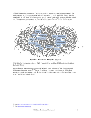 The result below illustrates the “Massachusetts-15” innovation ecosystem in which the
aggregated organizational networks are displayed. Connections and edges are not
displayed for the sake of simplification. Further layout calibration was completed based
on the approach developed at the Digital Methods Initiative26
in the Netherlands.
Figure 4: The Massachusetts-15 Innovation Ecosystem
This digital ecosystem consists of 2,482 organizations and the 3,398 reciprocated links
between them.
For illustration, the following figure uses ‘AIMnet’ – the network of the Association of
Industries of Massachusetts27
[AIM] – founded in 1915 and comprised of enterprises
employing one out of every five workers in the Commonwealth and representing almost
every sector of the economy.
26
Visit: https://wiki.digitalmethods.net/Dmi/WinterSchool2013
27
Visit: http://www.aimnet.org
© 2013 Debra M. Amidon and Oliver Schwabe. 7
 
