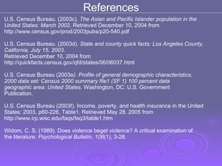 U.S. Census Bureau. (2003c).  The Asian and Pacific Islander population in the  United States: March 2002 . Retrieved December 10, 2004 from http://www.census.gov/prod/2003pubs/p20-540.pdf  U.S. Census Bureau. (2003d).  State and county quick facts: Los Angeles County, California, July 15, 2003 . Retrieved December 10, 2004 from  http://quickfacts.census.gov/qfd/states/06/06037.html  U.S. Census Bureau (2003e ). Profile of general demographic characteristics:  2000 data set: Census 2000 summary file1 (SF 1) 100 percent data  geographic area: United States . Washington, DC: U.S. Government  Publication. U.S. Census Bureau (2003f). Income, poverty, and health insurance in the United  States: 2003, p60-226, Table1. Retrieved May 28, 2005 from http://www.irp.wisc.edu/faqs/faq3/table1.htm  Widom, C. S. (1989). Does violence beget violence? A critical examination of  the literature.  Psychological Bulletin, 106 (1), 3-28.  References 