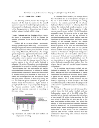 STATEMENT 7
0
10
20
30
40
50
60
70
STRONGLY
AGREE
AGREE
DISAGREE
STRONGLY
DISAGREE
PERCEPTION
PERCENT
TEACHER
FEEDBACK
PEER FEEDBACK
World Appl. Sci. J., 15 (Innovation and Pedagogy for Lifelong Learning): 29-35, 2011
32
RESULTS AND DISCUSSION In contrast to teacher feedback, the findings showed
The following section presents the findings and the use of peer feedback in enhancing ESL writing.
discussion of the study in relation to the research However, the students perceived the role of peer
questions. It presents the students’ perception on the role feedback to be less facilitative in enhancing their ESL
of teacher and peer feedback in enhancing ESL writing as writing. The students had mixed perceptions on the
well as their perception on the combined use of teacher reliability of peer feedback. This is supported by other
feedback and peer feedback in ESL writing. previous research on peer feedback [38-40]. The students
Teacher Feedback and Peer Feedback: Figure 1 shows with them and that their peers are less proficient in
the aspect of organization in ESL to illustrate the providing feedback compared to their teachers. It was also
students’ perception on the role of teacher and peer found that the students had mixed perceptions on the
feedback. reliability of peer feedback. However, they thought
It shows that 96.7% of the students (145 students) positively of the use of peer feedback in enhancing ESL
strongly agreed or agreed while only 3.3% (5 students) writing in general. It was found that about half of the
strongly disagreed that their teachers often addressed the students perceived that their peers did not provide
aspect of organization when giving feedback on their positive feedback more frequently on their essay writing
essay writing. Meanwhile, 78 students (52.0%) strongly compared to their teachers who provided more positive
agreed or agreed and approximately 72 students (48.0%) feedback. More than half of the students believed that it
disagreed or strongly disagreed that their peers often is unnecessary for their peers to correct all their written
addressed the aspect of grammar when giving feedback. errors. Most of the students thought that their peers do
This shows that the students seemed to have a not often point out or correct all mistakes when giving
positive response to the role of teacher feedback in written feedback compared to their teachers. They also
enhancing ESL writing. The students perceived that their believed that their peers only provided general comments
teachers tended to use positive feedback more frequently. on their essays.
They also thought that it was important for their teachers On the combined use of teacher feedback and peer
to correct all their written errors. In addition, the students feedback in enhancing ESL writing, the students had
agreed that their teachers often pointed out and corrected mostly positive thinking of the combined use of teacher
all mistakes when giving feedback on their essays. In feedback and peer feedback in their essay writing efforts.
general, the students perceived that their teachers did not It appears that the majority of the students preferred a
only give general comments on their essay writing, but combined feedback; that is teacher feedback and peer
had also included specific comments. In general, the feedback, respectively as shown in Figure 2. The study
students placed their teachers in a higher position in showed that a majority of the students thought positively
giving feedback to their essays compared to their peers. of the combined use of both teacher and peer feedback in
The students considered teacher feedback as an ESL writing.
important and necessary component in responding to The results of the survey showed that many of the
their essay writing. students think that both teacher feedback and peer
Fig. 1: Perception on teacher and peer feedback on could improve their writing with assistance from both
organization of writing their teachers and peers.
that the students had an overall positive perception of
appeared to regard their peers as having an equal status
feedback play a greater role in their ESL writing. They
seemed to believe that their teachers are able to help them
to improve their ESL writing. At the same time, they find
peers helpful in general for their peers are able to give
some input in enhancing their writing. They believe that
learning to write essays using this combined method is
beneficial because they can get different opinions from
different people. All the students perceived some form of
improvement in their writing with the combination
approach. The students seemed convinced that they
 