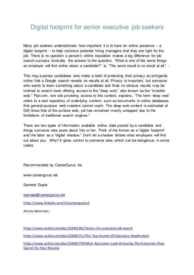 Digital footprint for senior executive job seekers