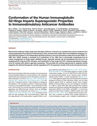 Cancer Cell
Article
Conformation of the Human Immunoglobulin
G2 Hinge Imparts Superagonistic Properties
to Immunostimulatory Anticancer Antibodies
Ann L. White,1,* H.T. Claude Chan,1 Ruth R. French,1 Jane Willoughby,1 C. Ian Mockridge,1 Ali Roghanian,1
Christine A. Penfold,1 Steven G. Booth,1 Ali Dodhy,1 Marta E. Polak,2 Elizabeth A. Potter,1 Michael R. Ardern-Jones,2
J. Sjef Verbeek,3 Peter W.M. Johnson,1 Aymen Al-Shamkhani,1 Mark S. Cragg,1 Stephen A. Beers,1 and Martin J. Glennie1
1Cancer Sciences Unit, Faculty of Medicine, University of Southampton, Tremona Road, Southampton SO16 6YD, UK
2Clinical and Experimental Sciences, Faculty of Medicine, University of Southampton, Tremona Road, Southampton SO16 6YD, UK
3Department of Human Genetics, Leiden University Medical Centre, Albinusdreef 2, 2333 ZA Leiden, the Netherlands
*Correspondence: a.l.white@soton.ac.uk
http://dx.doi.org/10.1016/j.ccell.2014.11.001
This is an open access article under the CC BY license (http://creativecommons.org/licenses/by/3.0/).
SUMMARY
Monoclonal antibody (mAb) drugs that stimulate antitumor immunity are transforming cancer treatment but
require optimizationformaximumclinical impact.Here, weshow that,unlikeotherimmunoglobulin isotypes,hu-
man IgG2 (h2) imparts FcgR-independent agonistic activity to immune-stimulatory mAbs such as anti-CD40, -4-
1BB, and -CD28. Activity is provided by a subfraction of h2, h2B, that is structurally constrained due its
unique arrangement of hinge region disulﬁde bonds. Agonistic activity can be transferred from h2 to h1 by
swapping their hinge and CH1 domains, and substitution of key hinge and CH1 cysteines generates homoge-
nous h2 variants with distinct agonistic properties. This provides the exciting opportunity to engineer clinical
reagents with deﬁned therapeutic activity regardless of FcgR expression levels in the local microenvironment.
INTRODUCTION
Monoclonal antibodies (mAbs) that modulate immune responses
are proving highly effective in cancer treatment, with increasing
evidence that such responses can be harnessed to provide du-
rable eradication of tumors (Hodi et al., 2010; Sliwkowski and
Mellman, 2013; Topalian et al., 2012; Wolchok et al., 2013). Re-
sults with ‘‘checkpoint blocker’’ mAbs designed to antagonize
the inhibitory T cell coreceptors cytotoxic T lymphocyte antigen
4 (CTLA-4) and programmed death 1 have reinforced the view
that T cell immunity can provide long-lasting protection against
aggressive and difﬁcult-to-treat cancers, such as metastatic
melanoma and non-small-cell lung cancer (Hodi et al., 2010;
Topalian et al., 2012; Wolchok et al., 2013). Promising clinical
data are also emerging with immunostimulatory mAbs that
bind agonistically to the costimulatory receptor CD40 on anti-
gen-presenting cells (APCs) (Beatty et al., 2011, 2013; Vonder-
heide and Glennie, 2013) with agents against a number of other
costimulatory targets, such as 4-1BB (CD137), OX40 (CD134),
and glucocorticoid-induced tumor necrosis factor receptor-
related protein (GITR), in clinical development (Moran et al.,
2013). These agonistic agents also have the potential to enhance
therapeutic efﬁcacy of other anticancer mAbs, such as those
directed against CD20 or epidermal growth factor receptor
(EGFR). As demonstrated by Levy and colleagues, stimulation
of 4-1BB on natural killer (NK) cells promotes their cytotoxic
potential and enhances antibody (Ab)-dependent cell-mediated
cytotoxicity (ADCC) of anti-CD20-, anti-EGFR-, or anti-human
epidermal growth factor receptor 2 (HER2)-coated tumor cells
(Kohrt et al., 2011, 2012, 2014). Despite clinical success, how-
ever, only a minority of patients show durable responses to
immunomodulatory agents, and a detailed understanding of
Signiﬁcance
Monoclonal antibodies (mAbs) that stimulate anticancer immunity provide curative therapy in a subset of patients with
traditionally terminal malignancies. Realization of the full potential of these agents, however, will require precise engineering
provided by a detailed understanding of their mechanisms of action. Here, we demonstrate that human IgG2 (h2) constant
regions provide mAbs targeting three immunostimulatory coreceptors in clinical development—CD40, 4-1BB, and CD28—
with agonistic activity independent of Fcg receptor interaction that is usually required for receptor clustering and down-
stream intracellular signaling. This exceptional activity is conferred by the unique conﬁguration of disulﬁde bonds in the
h2 hinge and paves the way for engineering improved clinical reagents with deﬁned activity regardless of FcgR expression
in the local microenvironment.
Cancer Cell 27, 1–11, January 12, 2015 ª2015 The Authors 1
Please cite this article in press as: White et al., Conformation of the Human Immunoglobulin G2 Hinge Imparts Superagonistic Properties to Immunos-
timulatory Anticancer Antibodies, Cancer Cell (2015), http://dx.doi.org/10.1016/j.ccell.2014.11.001
 