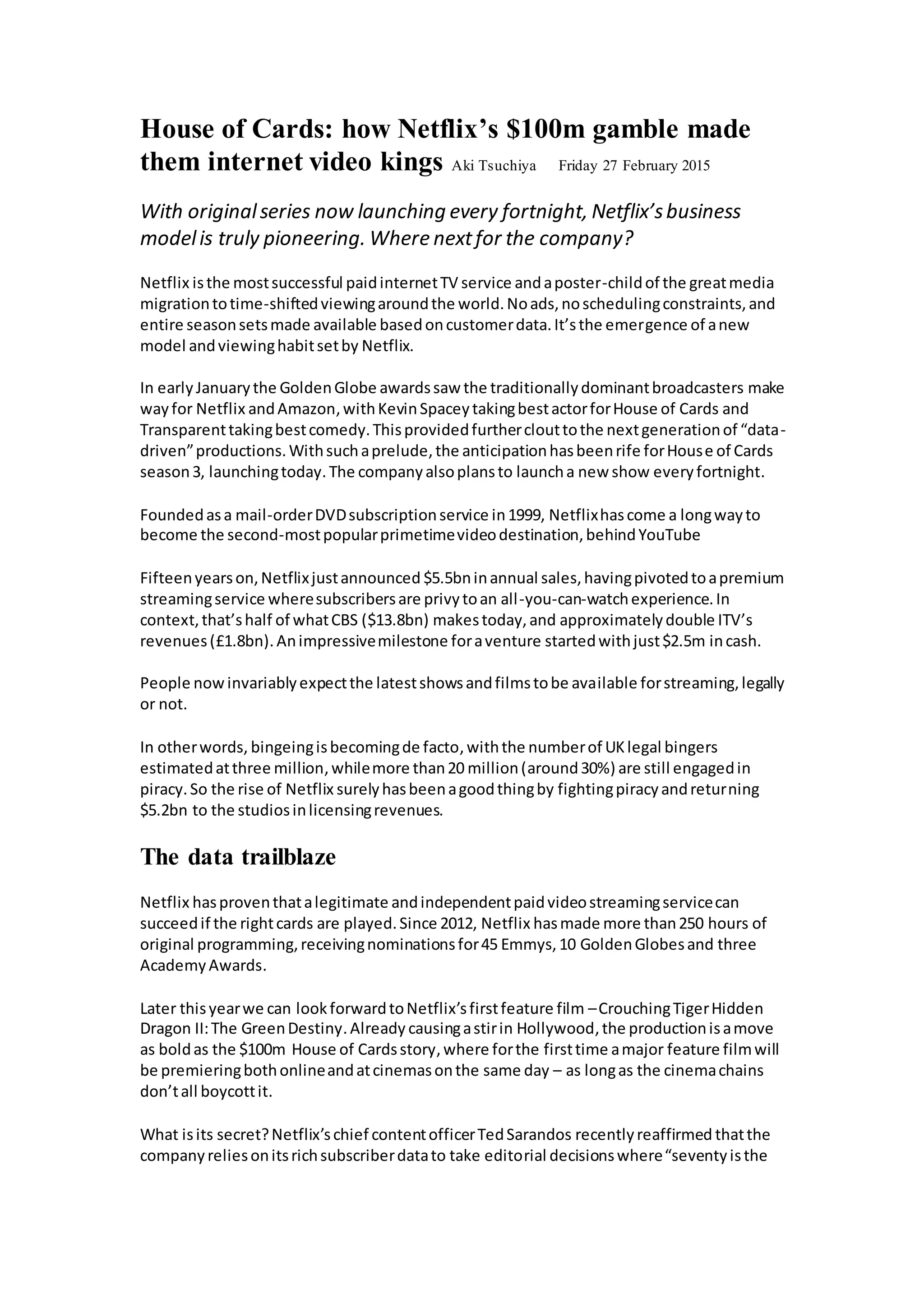 Article 1 house of cards and netflix 2015 PDF