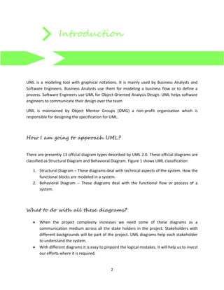 2
Introduction
UML is a modeling tool with graphical notations. It is mainly used by Business Analysts and
Software Engineers. Business Analysts use them for modeling a business flow or to define a
process. Software Engineers use UML for Object Oriented Analysis Design. UML helps software
engineers to communicate their design over the team
UML is maintained by Object Mentor Groups (OMG) a non-profit organization which is
responsible for designing the specification for UML.
How I am going to approach UML?
There are presently 13 official diagram types described by UML 2.0. These official diagrams are
classified as Structural Diagram and Behavioral Diagram. Figure 1 shows UML classification
1. Structural Diagram – These diagrams deal with technical aspects of the system. How the
functional blocks are modeled in a system.
2. Behavioral Diagram – These diagrams deal with the functional flow or process of a
system.
What to do with all these diagrams?
 When the project complexity increases we need some of these diagrams as a
communication medium across all the stake holders in the project. Stakeholders with
different backgrounds will be part of the project. UML diagrams help each stakeholder
to understand the system.
 With different diagrams it is easy to pinpoint the logical mistakes. It will help us to invest
our efforts where it is required.
 