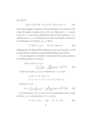 tion, Eq.(18).
L[ ( ; )](s) L[e i
'( ; )](s) = L['( ; )](s + i): (19)
This relation suggests a method to …nd the Schrödinger wave function. If we
rewrite the Laplace transform L[ ( ; )](s) as a function of s + i , and get
let say, F(s + i), then in the nonrelativistic limit of small velocities, 1,
and long times, jsj 1, the function F(s) must be the Laplace transform of
the Schrödinger wave function, '( ; ), that is
L 1
[F(s)] = '( ; ) for 1 and s 1 (20)
Beginning from the Klein-Gordon di¤raction in time wave function, we will
use this method to …nd the corresponding Schrödinger wave function.
1) In the appendix A, in Eq.(42), we already have the Laplace transform
of the Klein-Gordon wave function
L[ ( ; )](s) >( ; s)
=
1
2
1
s + i
(1
iK
p
s2 + 1
) exp(
p
s2 + 1) (21)
2) Next, we rewrite >( ; s) as a function F(s + i), we have
s + i = (s + i) + i( 1)
s2
+ 1 = (s + i i)2
+ 1 = (s + i)2
2i(s + i)
3) We get F(s) as
F(s) =
1
2
1
s + i( 1)
(1
iK
p
s2 2is
) exp(
p
s2 2is) (22)
4) In this function F(s) we get now the non-relativistic limit of small
velocities, 1, and long times, jsj 1, we have
s2
2is ! 2is; and 1 ! 2
=2 (23)
11
 