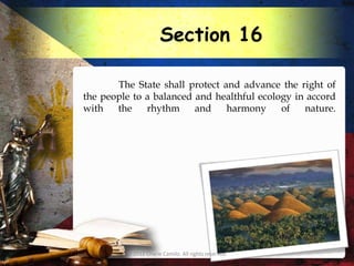 Section 16

       The State shall protect and advance the right of
the people to a balanced and healthful ecology in accord
with   the    rhythm     and    harmony     of   nature.




         © 2012 Charie Camilo. All rights reserved.
 