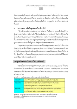 บทที่ 3 การใหทันตสุขศึกษาในมารดาตั้งครรภและหลังคลอด
                                                133


ทันตแพทยอุดฟนที่ผุ เพราะอาจเจ็บและเปนอันตรายตอลูกในครรภ (ชุติมา ไตรรัตนวรกุล, 2534)
ทันตแพทยจึงควรสรางความมั่นใจใหมารดาตั้งครรภ เพื่อขจัดความเขาใจไมถูกตองอันจะเปน
อุป สรรคต อการรั ก ษา รายละเอี ย ดเพิ่ ม เติ ม อยู ใ นหัว ข อ การดู แ ลรั ก ษาทางทั น ตกรรมในช ว ง
ตั้งครรภ

5.    การชะลอการตั้งถิ่นฐานของเชื้อจุลินทรีย
         ใหการศึกษาแกผูปกครองโดยเฉพาะอยางยิ่งมารดา ในเรื่องการถายทอดเชื้อจุลินทรียจาก
                                                                                       
ชองปากมารดาไปสูลูกทางน้ําลาย โดยใชอุปกรณรับประทานอาหารรวมกัน ไดแก การใชชอน แกว
                                                                                   
น้ํารวมกัน หรือรับประทานอาหารโดยไมใชชอนกลาง การทําความสะอาดหัวนมปลอมที่ตกลงบน
พื้นโดยใสในปากของพอแมกอนใหลูกใชดูดตอ หากผูปกครองเขาใจในเรื่องนี้และปฏิบัติอยาง
ถูกตองจะชวยปองกันการตั้งถิ่นฐานของเชื้อจุลินทรียในชองปากของทารก
         ขอมูลเกี่ยวกับสุขภาพชองปากของมารดาที่มีผลตอสุขภาพของทารกยังไมเปนที่ทราบกัน
โดยทั่วไป มารดาจึงมักไมไดรับการดูแลรักษาชองปากในชวงตั้งครรภ สมาคมทันตแพทยสาขา
ปริทันตวิทยาแหงสหรัฐอเมริกาสนับสนุนใหบุคลากรทางการแพทยสงตอมารดาตั้งครรภไปรับการ
รักษาโรคปริทันตจากทันตแพทย (American Academy of Periodontology, 2000) เพื่อใหมารดา
และลูกมีสุขภาพรางกายและชองปากที่ดี

การดูแลรักษาทางทันตกรรมในชวงตั้งครรภ
      ในขณะนี้ยังไมมีแนวทางปฏิบัติที่มีหลักฐานแนชัด (evidence based guideline) ที่อธิบาย
ถึงการรักษาทางทันตกรรม ซึ่งทําไดในแตละไตรมาส Fitzsimons และคณะ (1998) ไดแนะนําถึง
งานทันตกรรมที่ทําไดในแตละไตรมาสของการตั้งครรภ (Academy of General Dentistry, 2004)
ดังในตารางที่ 3-1
ตารางที่ 3-1 เวลาที่เหมาะสมในการจัดการสุขภาพชองปากชวงตั้งครรภ
 ไตรมาสที่ 1       ควรจํากัดการรักษาเฉพาะฉุกเฉิน เพราะผูปวยมักอาเจียนงาย
                                                           
 ไตรมาสที่ 2       เปนชวงเวลาที่เหมาะสมทีสุดในการใหการรักษาทางทันตกรรม
                                            ่
                   ควรปรึกษาสูตินรีแพทยในการใชยาชาและยาอืน ๆ ่
 ไตรมาสที่ 3       จําเปนที่จะตองมีการประเมินโดยสูตินรีแพทยหากตองใหการรักษา
                   การนังทําฟนอาจลําบากเพราะอึดอัดจากครรภใหญ
                         ่
หมายเหตุ การดูแลสุขภาพชองปากจากทันตแพทย และดวยตนเองสําคัญทั้ง 3 ไตรมาส
ดัดแปลงมาจาก www.agd/consumer/oralhealthtopics.html and American Dental
Association (1998)
 