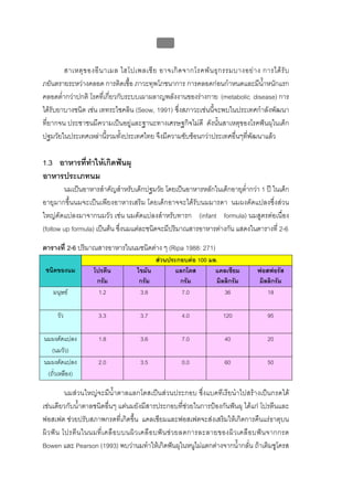 บบที่ 2 โรคฟนผุในเด็กปฐมวัย
                                               66


        สาเหตุ ข องอี น าเมล ไฮโปเพลเซี ย อาจเกิ ด จากโรคพั น ธุ ก รรมบางอย า ง การได รั บ
ภยันตรายระหวางคลอด การติดเชื้อ ภาวะทุพโภชนาการ การคลอดกอนกําหนดและมีน้ําหนักแรก
คลอดต่ํากวาปกติ โรคที่เกี่ยวกับระบบเผาผลาญพลังงานของรางกาย (metabolic disease) การ
ไดรับยาบางชนิด เชน เททระไซคลิน (Seow, 1991) ซึ่งสภาวะเชนนี้จะพบในประเทศกําลังพัฒนา
ที่ยากจน ประชาชนมีความเปนอยูและฐานะทางเศรษฐกิจไมดี ดังนั้นสาเหตุของโรคฟนผุในเด็ก
ปฐมวัยในประเทศเหลานี้รวมทั้งประเทศไทย จึงมีความซับซอนกวาประเทศอื่นๆที่พัฒนาแลว

1.3 อาหารที่ทําใหเกิดฟนผุ
อาหารประเภทนม
        นมเปนอาหารสําคัญสําหรับเด็กปฐมวัย โดยเปนอาหารหลักในเด็กอายุต่ํากวา 1 ป ในเด็ก
อายุมากขึ้นนมจะเปนเพียงอาหารเสริม โดยเด็กอาจจะไดรับนมมารดา นมผงดัดแปลงซึ่งสวน
ใหญดัดแปลงมาจากนมวัว เชน นมดัดแปลงสําหรับทารก (infant formula) นมสูตรตอเนื่อง
(follow up formula) เปนตน ซึ่งนมแตละชนิดจะมีปริมาณสารอาหารตางกัน แสดงในตารางที่ 2-6

ตารางที่ 2-6 ปริมาณสารอาหารในนมชนิดตาง ๆ (Ripa 1988: 271)
                                           สวนประกอบตอ 100 มล.
 ชนิดของนม          โปรตีน           ไขมัน        แลกโตส       แคลเซียม              ฟอสฟอรัส
                     กรัม             กรัม         กรัม        มิลลิกรัม              มิลลิกรัม
    มนุษย            1.2             3.8           7.0           36                     18

     วัว              3.3             3.7              4.0             120               95

นมผงดัดแปลง           1.8             3.6              7.0              40               20
   (นมวัว)
นมผงดัดแปลง           2.0             3.5              0.0              60               50
 (ถั่วเหลือง)

           นมสวนใหญจะมีน้ําตาลแลกโตสเปนสวนประกอบ ซึ่งแบคทีเรียนําไปสรางเปนกรดได
เชนเดียวกับน้ําตาลชนิดอื่นๆ แตนมยังมีสารประกอบที่ชวยในการปองกันฟนผุ ไดแก โปรตีนและ
ฟอสเฟต ชวยปรับสภาพกรดที่เกิดขึ้น แคลเซียมและฟอสเฟตจะสงเสริมใหเกิดการคืนแรธาตุบน
ผิ ว ฟ น โปรตี น ในนมที่ เ คลื อ บบนผิ ว เคลื อ บฟ น ช ว ยลดการละลายของผิ ว เคลื อ บฟ น จากกรด
Bowen และ Pearson (1993) พบวานมทําใหเกิดฟนผุในหนูไมแตกตางจากน้ํากลั่น ถาเติมซูโครส
 