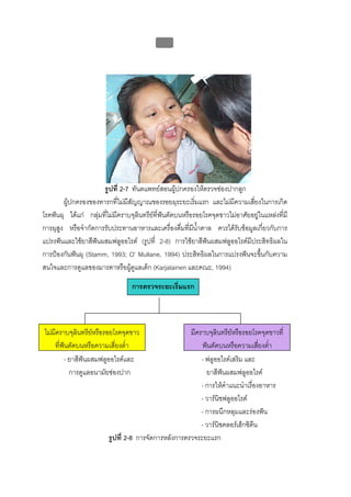 บบที่ 2 โรคฟนผุในเด็กปฐมวัย
                                             92




                      รูปที่ 2-7 ทันตแพทยสอนผูปกครองใหตรวจชองปากลูก
                                                   
        ผูปกครองของทารกที่ไมมีสญญาณของรอยผุระยะเริ่มแรก และไมมีความเสียงในการเกิด
                                 ั                                            ่
โรคฟนผุ ไดแก กลุมที่ไมมีคราบจุลินทรียที่ฟนตัดบนหรือรอยโรคจุดขาวไมอาศัยอยูในแหลงทีมี
                                                                                         ่
การผุสูง หรือจํากัดการรับประทานอาหารและเครื่องดื่มที่มน้ําตาล ควรไดรับขอมูลเกี่ยวกับการ
                                                         ี
แปรงฟนและใชยาสีฟนผสมฟลูออไรด (รูปที่ 2-8) การใชยาสีฟนผสมฟลูออไรดมีประสิทธิผลใน
                                                              
การปองกันฟนผุ (Stamm, 1993; O’ Mullane, 1994) ประสิทธิผลในการแปรงฟนจะขึ้นกับความ
สนใจและการดูแลของมารดาหรือผูดูแลเด็ก (Karjalainen และคณะ, 1994)

                                 การตรวจระยะเริ่มแรก



ไมมีคราบจุลินทรียหรือรอยโรคจุดขาว
                                                    มีคราบจุลินทรียหรือรอยโรคจุดขาวที่
    ที่ฟนตัดบนหรือความเสี่ยงต่า
                             ํ                           ฟนตัดบนหรือความเสียงต่ํา
                                                                                 ่
        - ยาสีฟนผสมฟลูออไรดและ                         - ฟลูออไรดเสริม และ
          การดูแลอนามัยชองปาก                             ยาสีฟนผสมฟลูออไรด
                                                                  
                                                         - การใหคาแนะนําเรื่องอาหาร
                                                                    ํ
                                                         - วารนิชฟลูออไรด
                                                         - การผนึกหลุมและรองฟน
                                                         - วารนิชคลอรเฮ็กซิดีน
                        รูปที่ 2-8 การจัดการหลังการตรวจระยะแรก
 