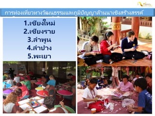 การท่องเที่ยวทางวัฒนธรรมและภูมิปัญญาล้านนาเชิงสร ้างสรรค์
เชื่อมโยงอนุภูมิภาคลุ่มน้าโขง
1.เชียงใหม่
2.เชียงราย
3.ลาพูน
4.ลาปาง
5.พะเยา
 