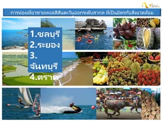 การท่องเที่ยวชายทะเลสีสันตะวันออกระดับสากล ที่เป็ นมิตรกับสิ่งแวดล้อม
เชื่อมโยงสู่นานาชาติ
1.ชลบุรี
2.ระยอง
3.
จันทบุรี
4.ตราด
 