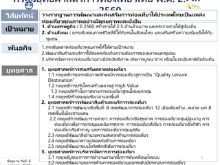 กรอบยุทธศาสตร ์การท่องเทียวไทย พ.ศ. 2558 -
2560
1. ด้านเศรษฐกิจ : ปี 2560 สร ้างรายได้ 2.5 ล้านล้านบาท และกระจายรายได้สู่ท้องถิ่น
2. ด้านสังคม : ยกระดับคุณภาพชีวิตที่ดีให้กับคนในสังคมไทย และเสริมสร ้างความเข้มแข็งให้กับ
ชุมชน
3. ด้านสิ่งแวดล้อม : มีการพัฒนาอย่างสมดุลและยั่งยืน
วิสัยทัศน์
เป้ าหมาย
วางรากฐานการพัฒนาและส่งเสริมการท่องเที่ยวให้ประเทศไทยเป็ นแหล่ง
ท่องเที่ยวคุณภาพอย่างมีดุลยภาพและยั่งยืน
พันธกิจ 1.กระตุ้นตลาดท่องเที่ยวคุณภาพให้ได้ตามเป้ าหมาย
2.พัฒนาสินค้าและบริการให้สอดคล้องกับความต้องการของตลาดและชุมชน
3.บริหารจัดการการท่องเที่ยวอย่างมีประสิทธิภาพ เกิดการบูรณาการ เชื่อมโยงระดับชาติถงงท้องถิ่น
ยุทธศาส
ตร ์
1. ยุทธศาสตร ์การส่งเสริมตลาดท่องเที่ยว
1.1 กลยุทธ์การยกระดับภาพลักษณ์การท่องเที่ยวสู่การเป็ น “Quality Leisure
Destination”
1.2 กลยุทธ์การปรับโครงสร ้างตลาดสู่ High Value
1.3 กลยุทธ์สร ้างโอกาสทางการท่องเที่ยวสู่คนไทยทุกกลุ่ม
1.4 กลยุทธ์สร ้างสมดุลเชิงเวลาและพื้นที่
2. ยุทธศาสตร ์การพัฒนาสินค้าและบริการท่องเที่ยว
2.1 กลยุทธ์การพัฒนาเชิงพื้นที่: 8 เขตพัฒนาการท่องเที่ยว 12 เมืองต้องห้าม...พลาด และ 8
เขตพื้นที่เมืองชายแดน
2.2 กลยุทธ์การพัฒนารายสาขา: การท่องเที่ยวเชิงสุขภาพ การท่องเที่ยวกลุ่มผู้สูงอายุ การ
ท่องเที่ยวเพื่อการประชุมและนิทรรศการ การท่องเที่ยวสีเขียว การท่องเที่ยวเชิงกีฬา การ
ท่องเที่ยวเรือสาราญ และการท่องเที่ยวกลุ่มมุสลิม
2.3 กลยุทธ์พัฒนาสิ่งอานวยความสะดวกด้านการท่องเที่ยว
2.4 กลยุทธ์พัฒนาความปลอดภัยด้านการท่องเที่ยว
2.5 กลยุทธ์พัฒนาระบบโลจิสติกส์เพื่อการท่องเที่ยว
3. ยุทธศาสตร ์การบริหารจัดการการท่องเที่ยว
3.1 กลยุทธ์บูรณาการการทางานผ่านกลไกการขับเคลื่อนทั้งระบบ
3.2 กลยุทธ์พัฒนาบุคลากรด้านการท่องเที่ยวและยกระดับผู้ประกอบการท่องเที่ยว
3
ข้อมูล ณ วันที่ 6
 