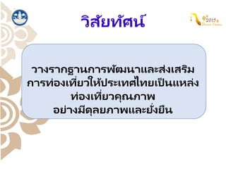 วิสัยทัศน์
วางรากฐานการพัฒนาและส่งเสริม
การท่องเที่ยวให้ประเทศไทยเป็ นแหล่ง
ท่องเที่ยวคุณภาพ
อย่างมีดุลยภาพและยั่งยืน
 