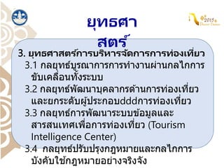 ยุทธศา
สตร ์
3. ยุทธศาสตร ์การบริหารจัดการการท่องเที่ยว
3.1 กลยุทธ์บูรณาการการทางานผ่านกลไกการ
ขับเคลื่อนทั้งระบบ
3.2 กลยุทธ์พัฒนาบุคลากรด ้านการท่องเที่ยว
และยกระดับผู้ประกอบ การท่องเที่ยว
3.3 กลยุทธ์การพัฒนาระบบข ้อมูลและ
สารสนเทศเพื่อการท่องเที่ยว (Tourism
Intelligence Center)
3.4 กลยุทธ์ปรับปรุงกฎหมายและกลไกการ
บังคับใช ้กฎหมายอย่างจริงจัง
 